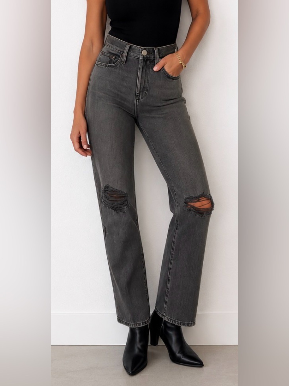 Frame Denim Jeans Le Original Gray Charcoal Washed Distressed Straight Ankle